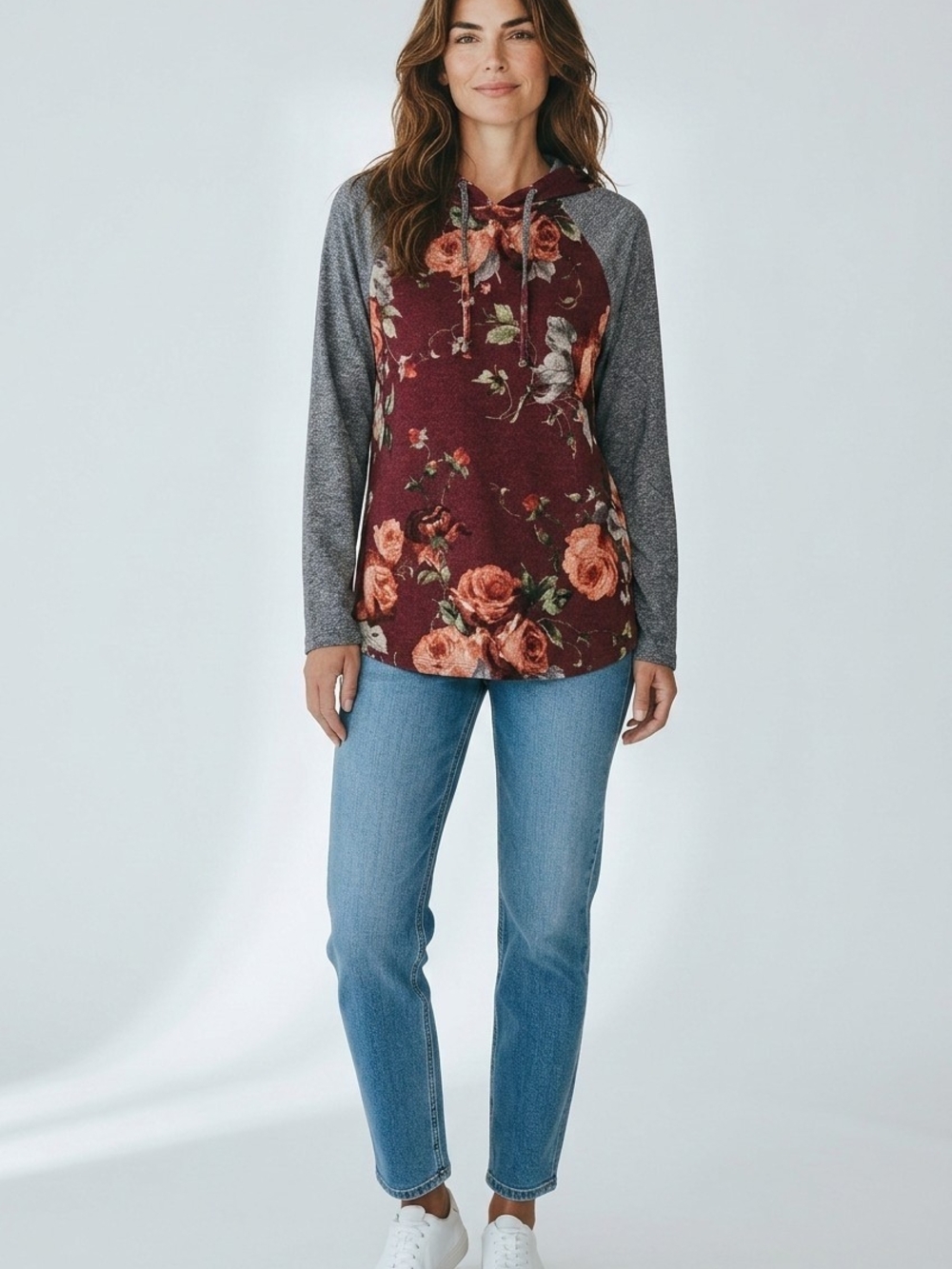 Chris & Carol Burgundy Floral Hooded Raglan Sweatshirt
